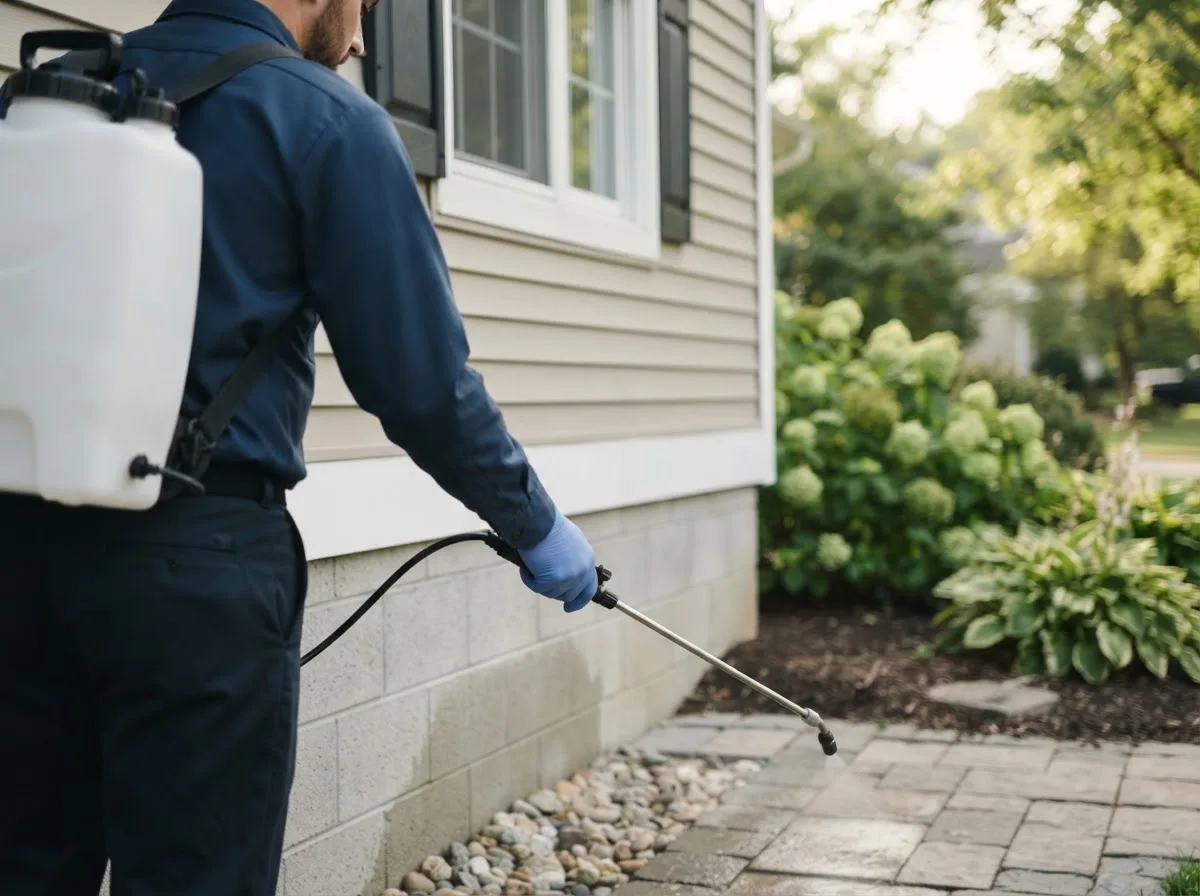 Pest control technician inspecting a home in Pershing, IN